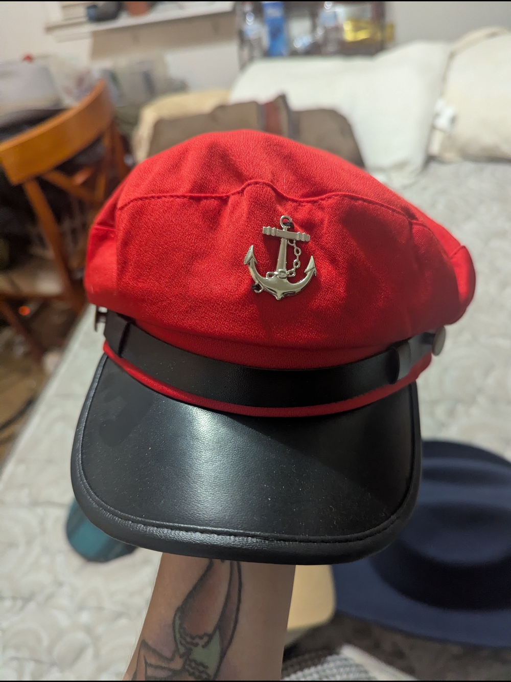 Red Sailor-Inspired Cap with Anchor Pin